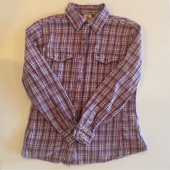 CARHARTT Women’s Flannel Purple and Pink Plaid Button Down Long Sleeve Shirt S - Picture 3 of 10